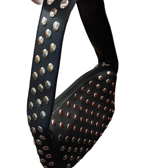 Faux Studded Black Leather Shoulder Bag NWOT - Picture 3 of 8